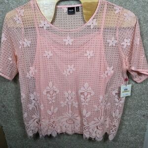 Rafaella Lace Blouse Women 3X Pink Short Sleeve Floral Overlay Camisole Romantic